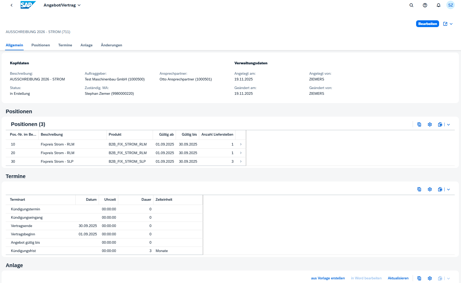 Screenshot der Angebot-/Vertragsübersicht